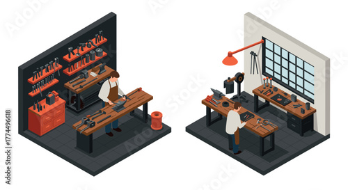 Isometric workshop scene with craftsmen and tools in a modern industrial setting