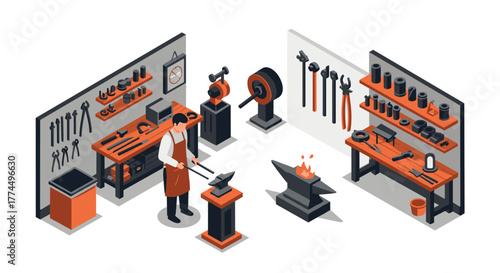 Isometric workshop scene with blacksmith crafting metal in modern workspace