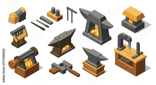 Isometric blacksmith workshop tools set with anvils and forge elements for cr…