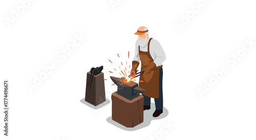 Blacksmith crafting metal in isometric style workshop scene