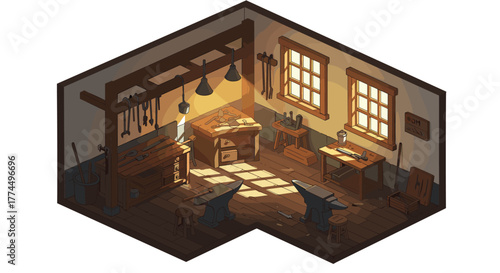 Cozy retro workshop with warm sunlight and rustic tools