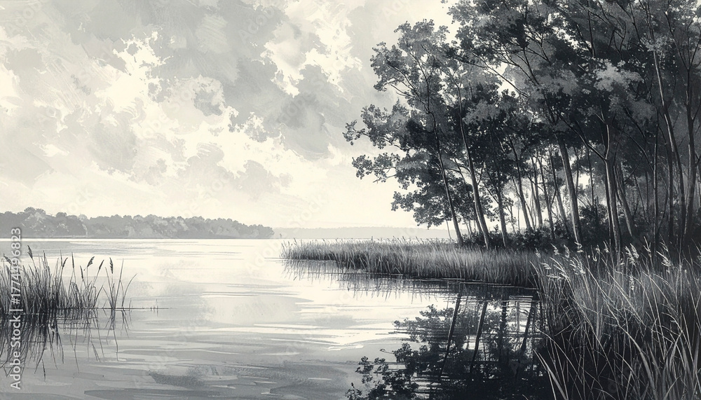 Fototapeta premium Black and white landscape of a calm lake with trees