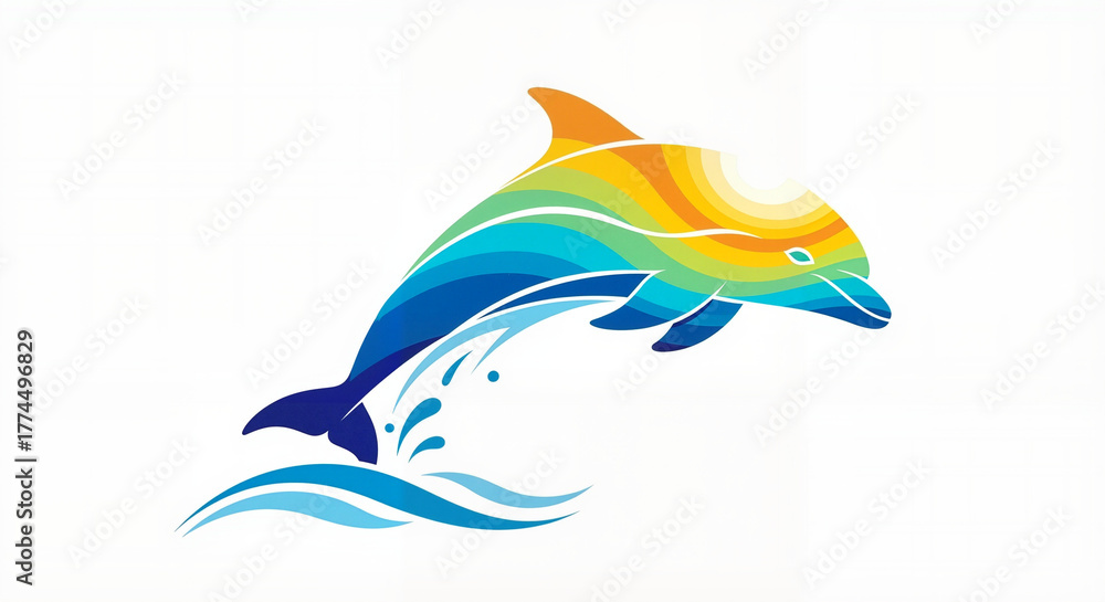 Obraz premium Dolphin in vibrant gradient style in rainbow colors representing joy and freedom with copy space