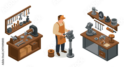 Workshop tools and craftsman in isometric style for mechanical settings