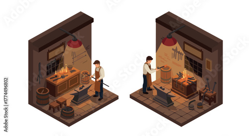 Isometric workshop scene with blacksmith crafting metalwork tools under warm…