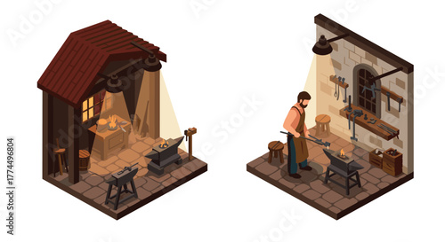 Isometric blacksmith workshop scene with tools and craftsman at work