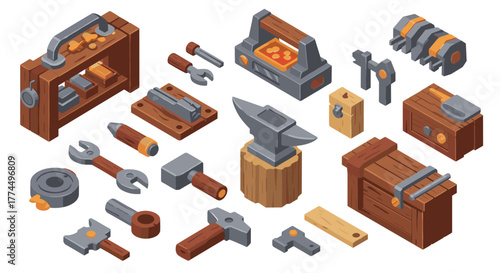 Isometric workshop tools set with anvil, hammer, and wrench for industrial de…
