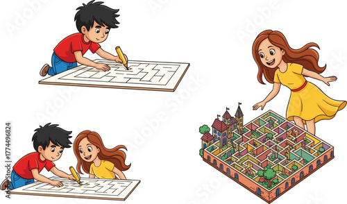 Cartoon kids, solving mazes, playful learning, pencil activity, teamwork moment, colorful puzzle, castle maze, educational theme, joyful expression, creative scene