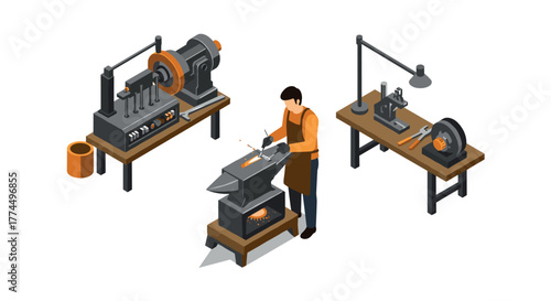 Blacksmith workshop scene with isometric tools and equipment