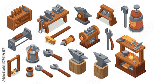 Isometric blacksmith tools and forge set with anvil, hammer, and workbench