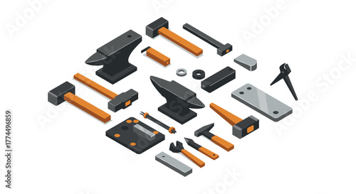 Isometric tools collection featuring hammers, anvils, and pliers