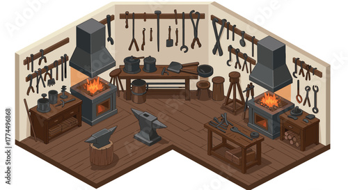 Isometric medieval blacksmith workshop with tools and forge