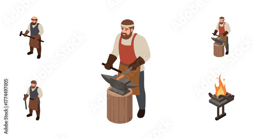 Isometric blacksmith tools and characters in workshop design