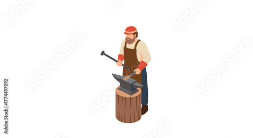 Isometric blacksmith working with hammer and anvil on white background