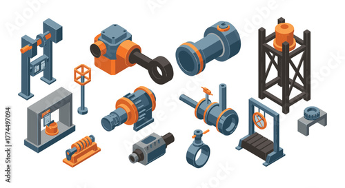 Industrial equipment isometric design with mechanical tools and structures