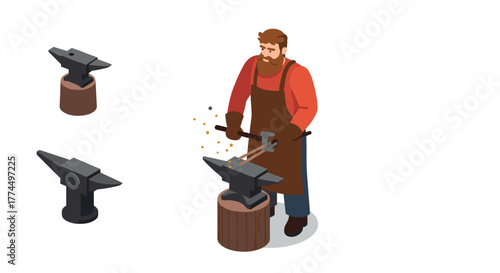 Blacksmith working with anvil and hammer in isometric style