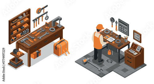 Isometric workshop scene with tools and worker in orange safety gear