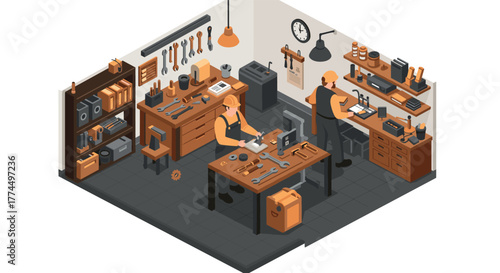 Isometric workshop scene with carpenters, tools, and wooden furniture in indu…