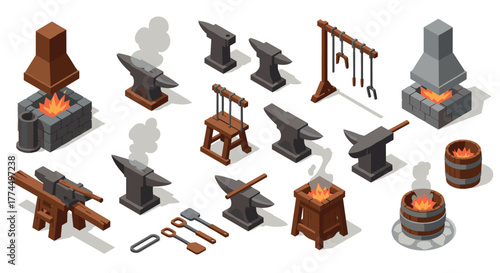 Isometric blacksmith tools and forge elements on white background