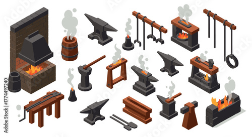 Isometric blacksmith forge tools set with anvils and fireplaces for crafting…