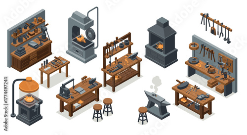 Isometric blacksmith workshop with tools and forge equipment