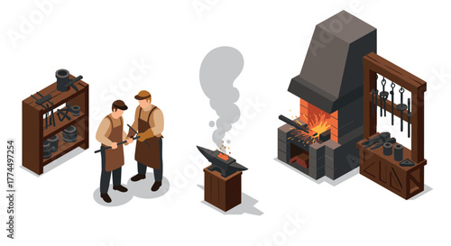 Isometric blacksmith workshop with craftsmen and forge tools in action