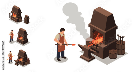 Isometric blacksmith scene with forge and tools in workshop setting
