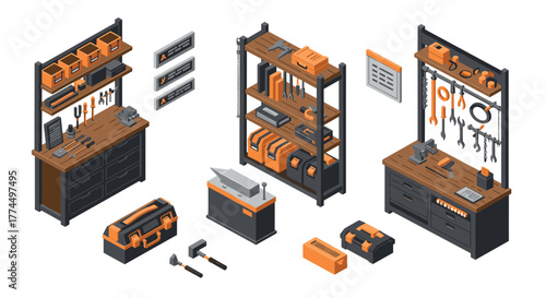 Isometric workshop tools and equipment set with organized shelves and workben…