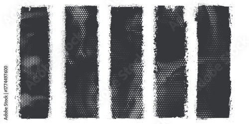 Five grunge textured vertical bars with halftone dots pattern overlay