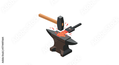 Isometric blacksmith tools with anvil and hammer on white background