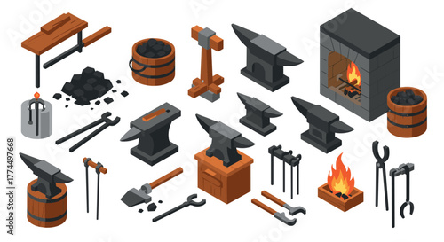 Isometric blacksmithing tools and forge elements for crafting and design