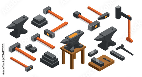 Isometric blacksmith tools: anvil and hammer set for crafting and forging