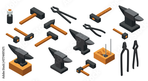 Blacksmith tools isometric design with anvils, hammers, and tongs