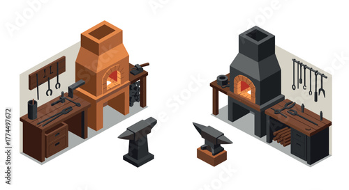 Cozy workshop scene with tools and anvils in isometric style