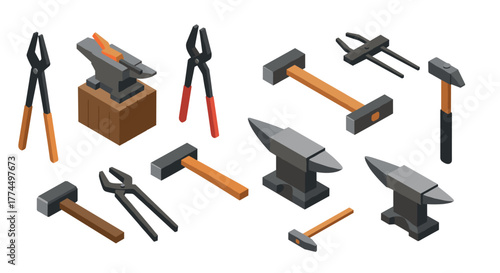Isometric tools and anvil set for blacksmith craft and workshop design