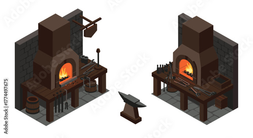 Isometric blacksmith workshop with forge and tools for crafting and medieval…
