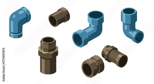 Industrial pipe fittings in isometric style with blue and brown colors on whi…