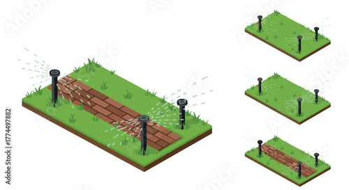 Isometric lawn sprinkler system watering grass and pathway efficiently