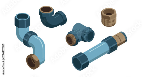 Isometric plumbing fittings: pipes, elbows, and joints in blue and bronze tones