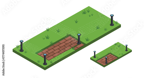 Isometric garden with brick path and sprinkler system