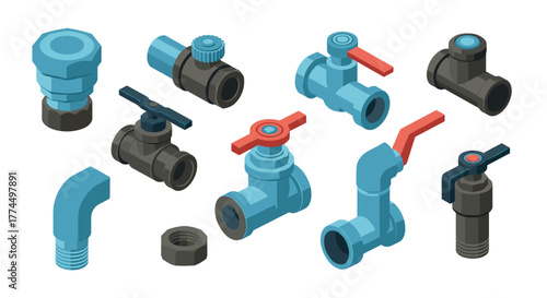 Isometric plumbing components with valves and fittings in 3d design