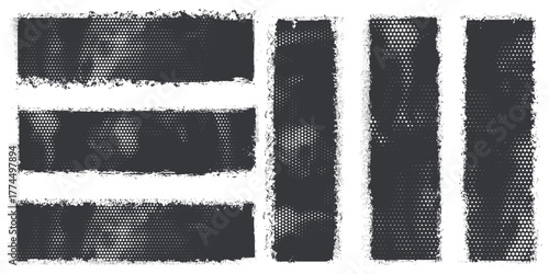 Set of grunge halftone graphic elements with distressed border