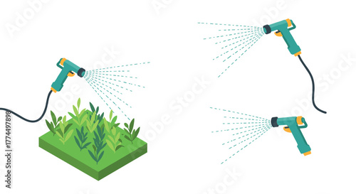 Isometric garden watering with hose sprayer icons for efficient plant care