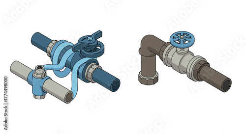 Industrial pipes with valves in isometric style for plumbing and engineering…