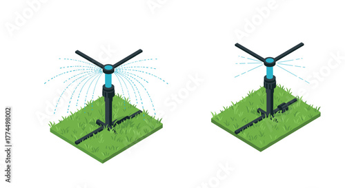 Isometric garden sprinklers on grass patch for efficient watering solutions