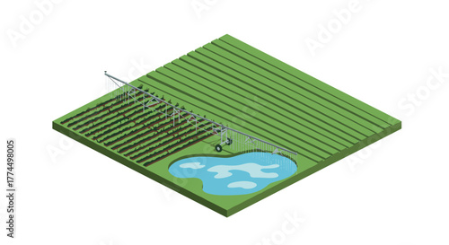 Isometric farm with irrigation system and pond in agricultural landscape