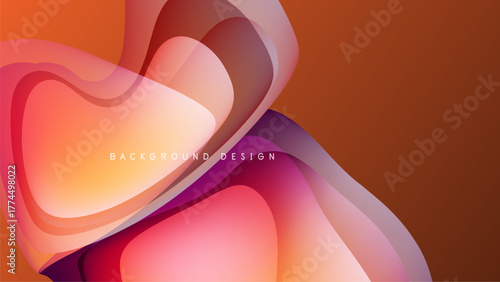 Abstract fluid shapes overlap, creating vibrant orange, purple hues. Background is black, design feels modern, dynamic.