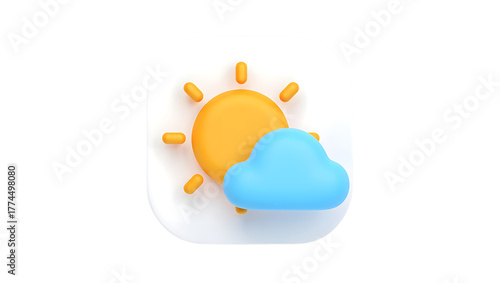 A 3d icon representing weather, with a bright yellow sun and a fluffy blue cloud, isolated on transparent background