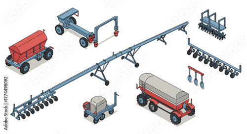 Isometric farm equipment collection: tractors, trailers, and implements in de…