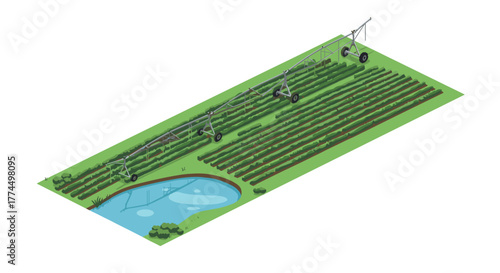 Isometric agriculture field with irrigation system and pond